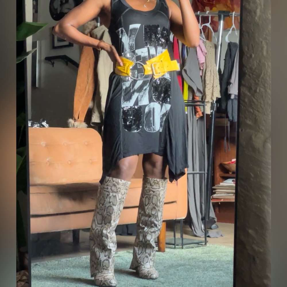 Radzoli deadstock Black Sequin Graphic Tunic Dress Y2K Sleeveless Tank Dress. L